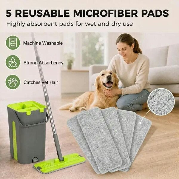 Bobobiy Mop and Bucket Set, Compact Flat Mop System with Wringer, 2 Chambers, 5 Reusable Pads, Dark Grey and Green