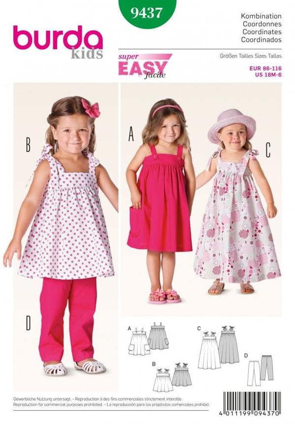 Burda Sewing Pattern 9437 Dresses, Trousers and Tops For Kids and Babies, Ages: 18 Month-6 Years - Easy