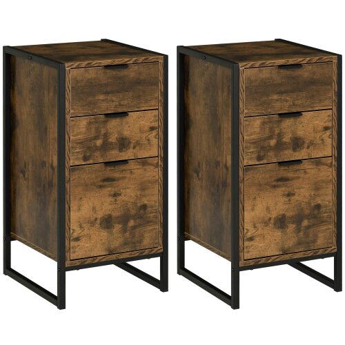 Wyld Haus Naba Metal and Wood Rustic Brown Set Of 2 Industrial 3 Drawer Storage Bedside Tables