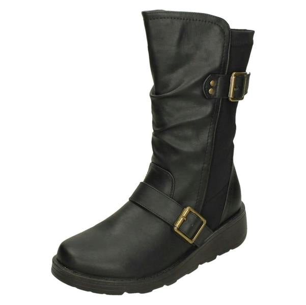 Spot On Ladies Spot On Buckle Detail Wide Fit Mid-Calf Boots F4452