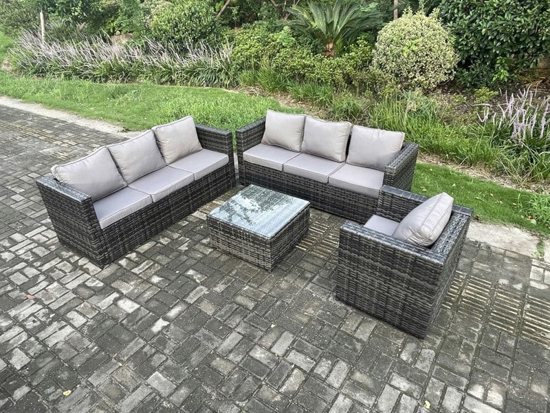 Fimous Rattan Garden Furniture Sofa Set with Armchair Square Coffee Table Indoor Outdoor 7 Seater Rattan Set Dark Grey Mixed