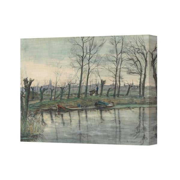 Benjamin Tate Design Canvas Print Landscape Winter River Scene With Boats And Trees