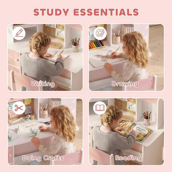 Kids Desk and Chair Set Storage Shelves Kids Desk Adjustable Tablet Stand Cork Board Pen Holder Pink