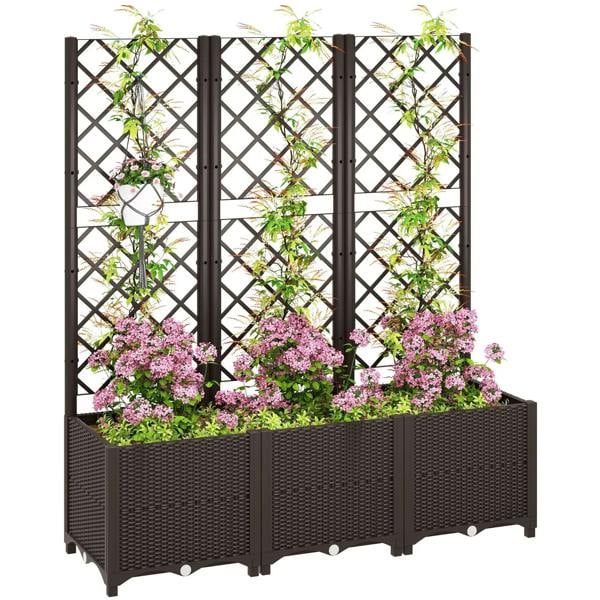 Brown raised garden bed planter box with trellis, filled with pink flowers and climbing vines