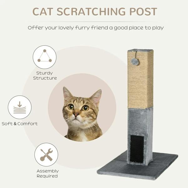 Grey jute cat scratching post with dangling ball and carpet base, product benefits
