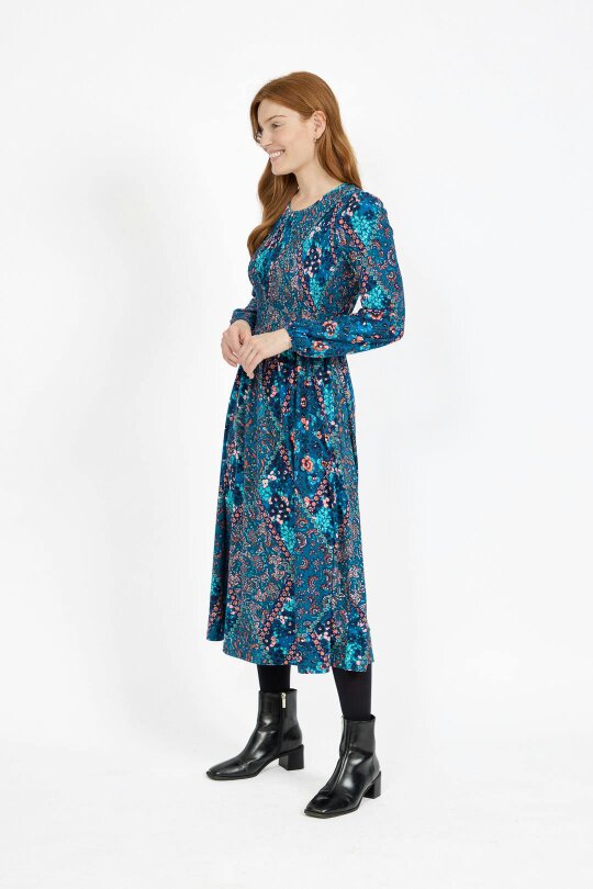 Mudflower Floral Print Shirred Soft Touch Bodice Midi Dress