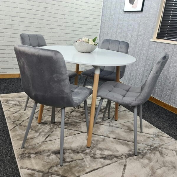 Kosy Koala Dining Table and 4 Chairs  White Round Wood Table 4 Grey Velvet Chairs Dining Room Furniture