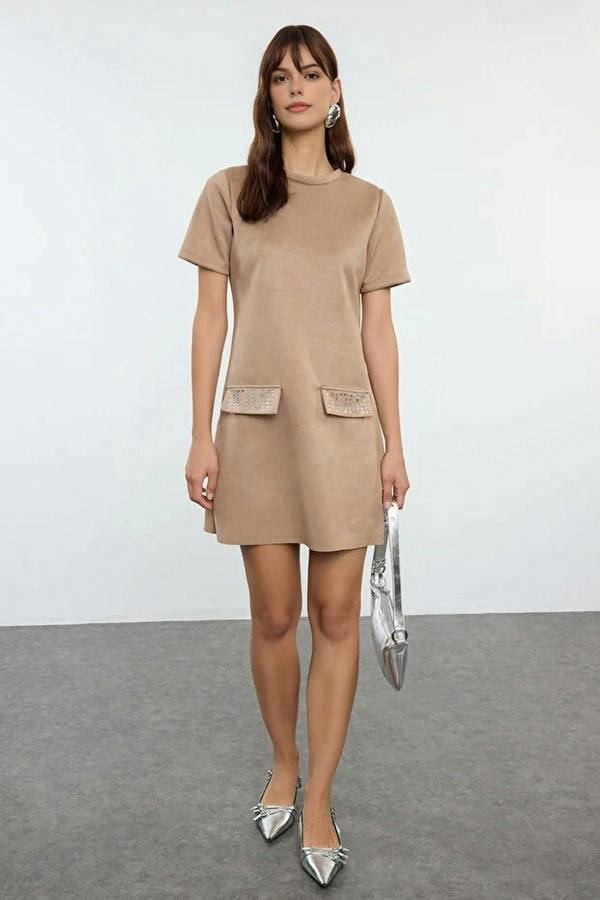 WOVCOR Crew Neck Mini Suede Knit Dress with Stone Detail