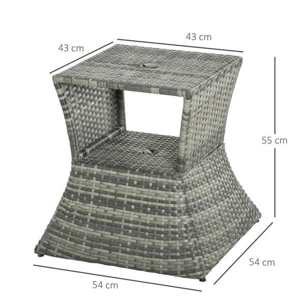 Grey wicker rattan coffee table bistro with umbrella hole and open lower storage