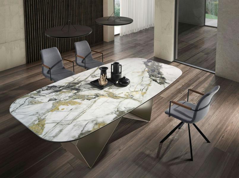 Angel Cerdá Rectangular dining table in porcelain marble and champagne-coloured steel 1140