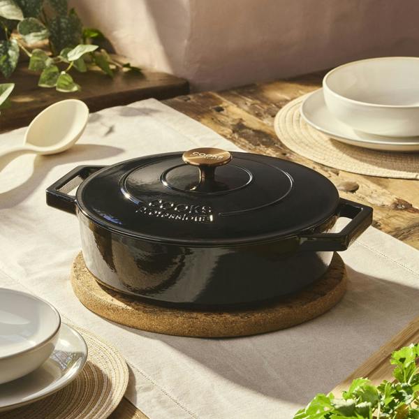 Cooks Professional 28cm Shallow Cast Iron Casserole | Black