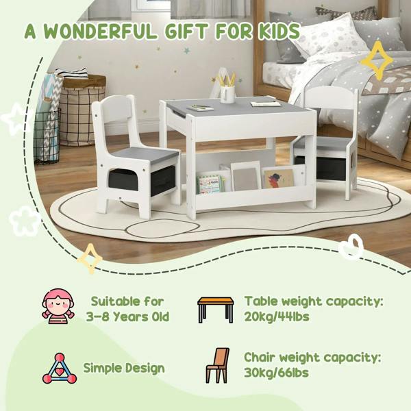 White kids table and chair set with grey tabletop and bookcase-style storage shelves