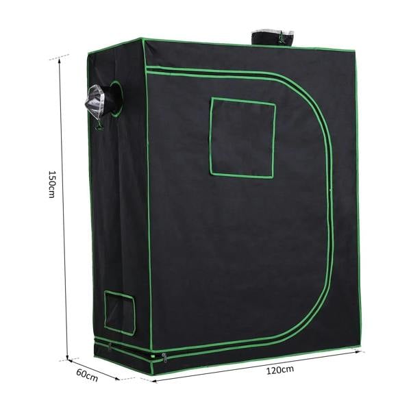 Black grow tent with green trim, front window panel, and top ventilation opening