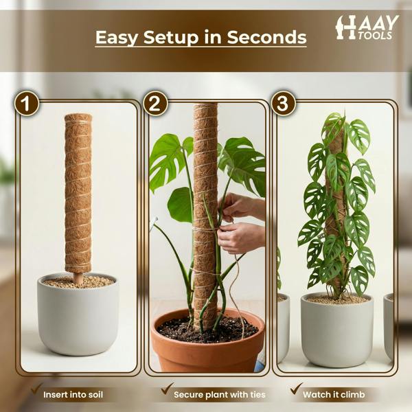 HAAY TOOLS Moss Pole for Monstera & Houseplants – Natural Coir Plant Support Stake for Indoor Climbing Plants