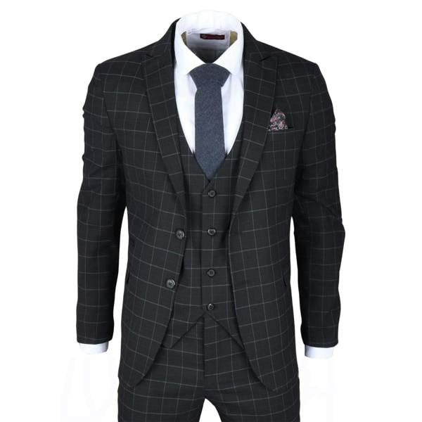 Infinity Leather Men's Black Checked 3 Piece Suit Tailored Fit