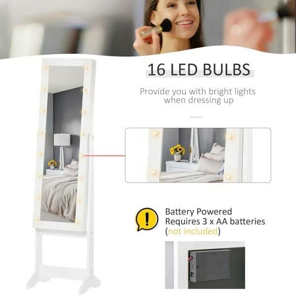 White LED mirrored jewelry cabinet with bright 16-bulb lighting, battery powered