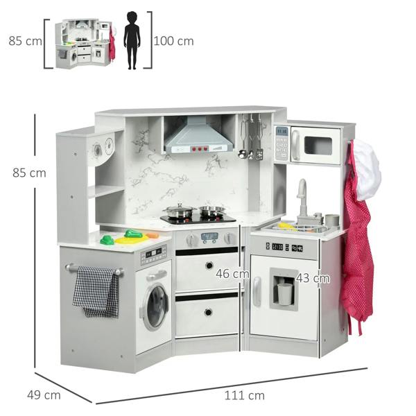 Toy kitchen playset with stove, sink, washing machine, and cabinet doors, grey
