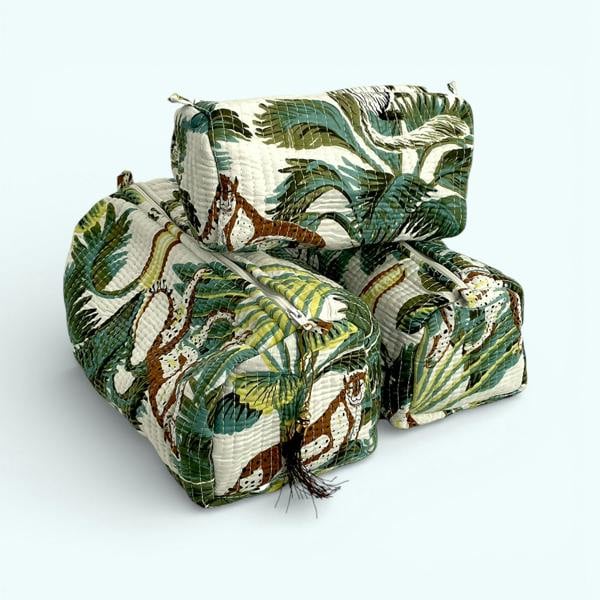 Hayley & Co Wild Animal Print Cotton Washbag, Make Up Bag, Pencil Case with Waterproof Lining - Wild Animal Print in White