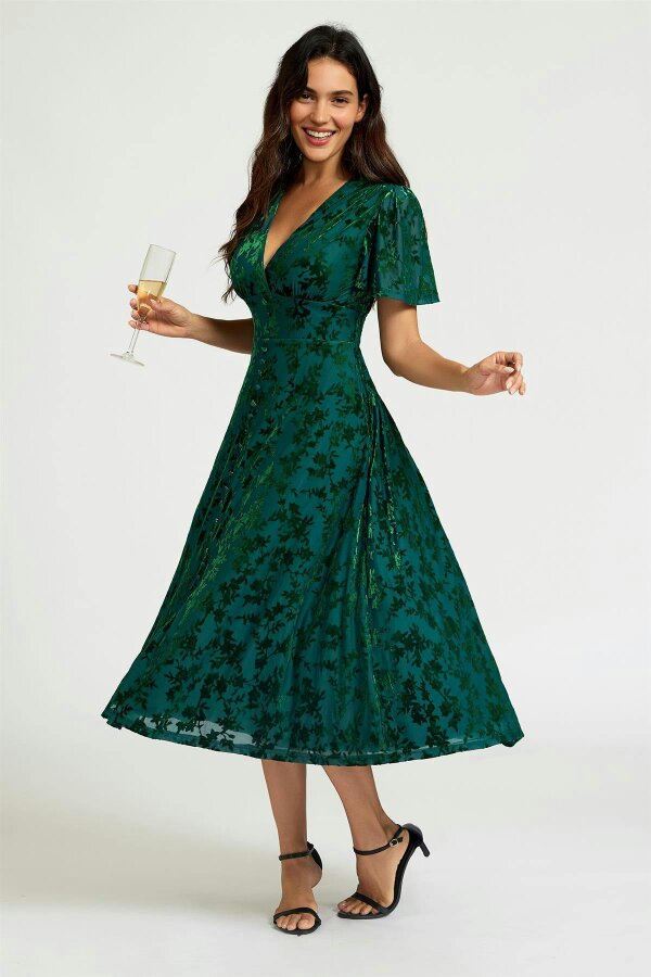 FS Collection Floral Velvet Devore V neckline Dress In Green