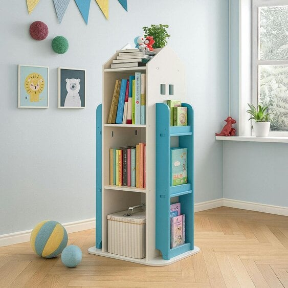 Neo Kid's Freestanding Bookshelf Blue House Shaped 360° Rotating