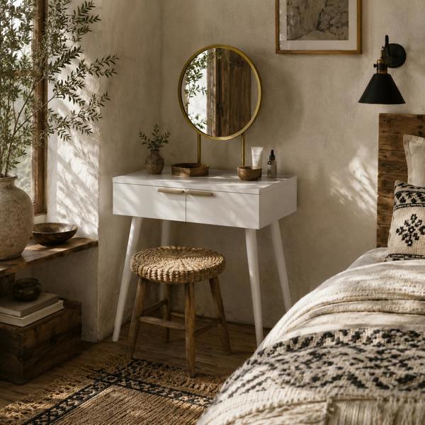 Wyld Haus Sovaha White Elegant Dressing Table With Round Mirror 60 x 40 x 123cm