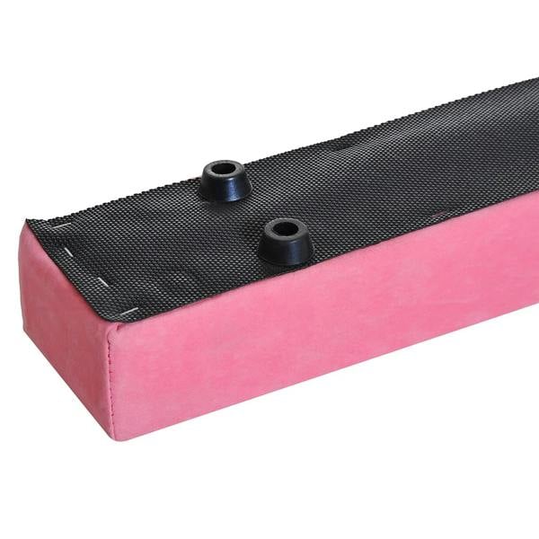 Pink balance beam end with black non-slip texture and two circular adjustable feet