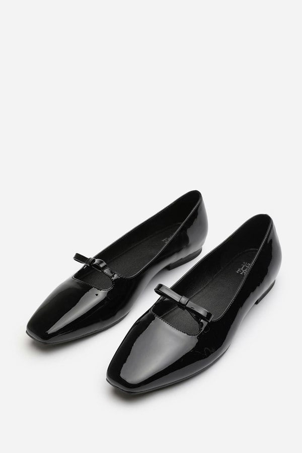 Where's That From Hope Wide Fit Square Toe Ballet Flats With Knot Bow In Black Patent Finish