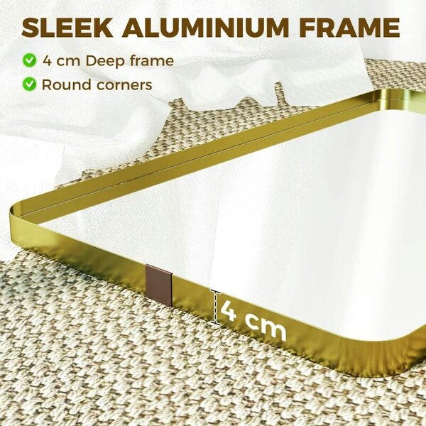 Rectangular Wall Mirror, 90 x 60 cm Wall Mounted Bathroom Mirror w/ Aluminium Alloy Frame and Tempered Glass, Gold Tone