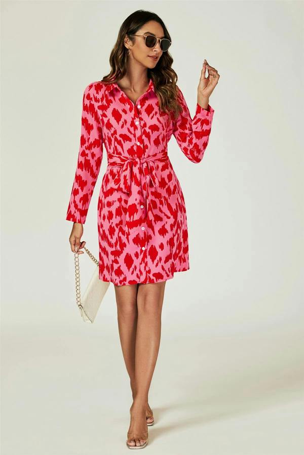 FS Collection Abstract Print Shirt Mini Wrap Dress In Pink