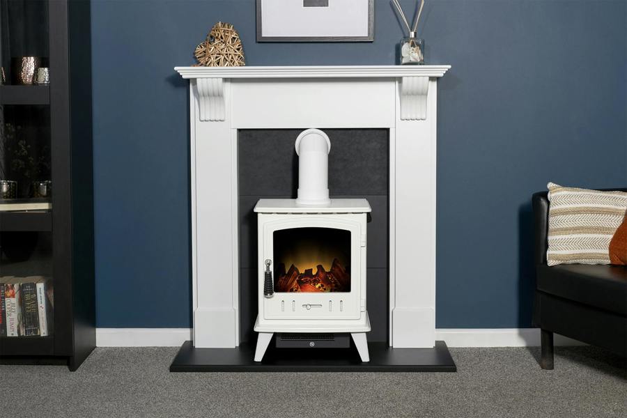 Adam Harrogate Fireplace in White & Black with Adam Aviemore Electric Stove in White, 39 Inch