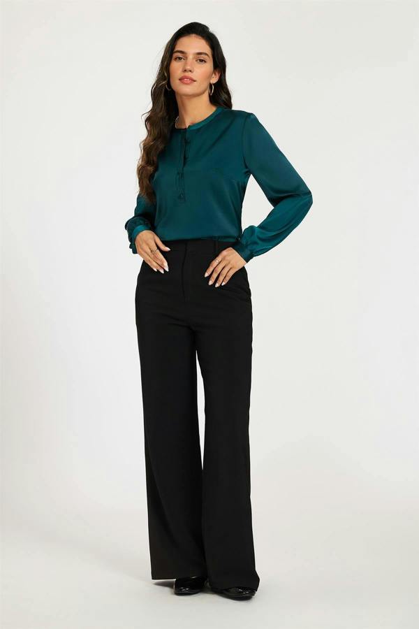 FS Collection Long Sleeve Satin Blouse Top In Teal