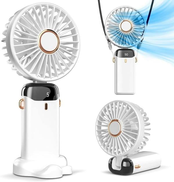 Dyzi 2-in-1 Portable Travel Mini Handheld Desk Table Fan USB-C Rechargeable White