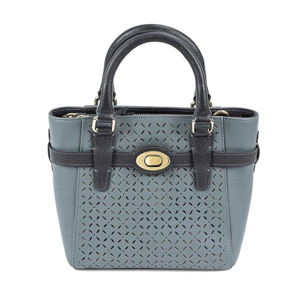 Pia Denim Blue Leather Mini Tote Bag, Laser-Cut Detail with Gold Fittings