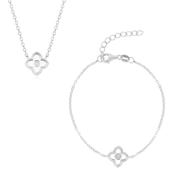 Spero London White Enamel Four Leaf Clover Necklace & Bracelet Set With Gemstone in Sterling Silver