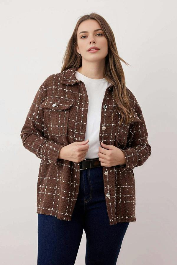 WOVCOR Tweed Long Sleeve Winter Woven Plus Size Shirt