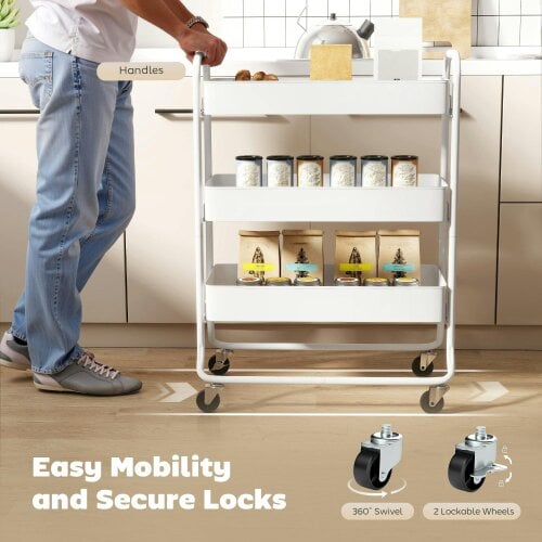 Wyld Haus Saseta Sosa Metal White 3 Tier Rolling Utility Trolley With Mesh Baskets