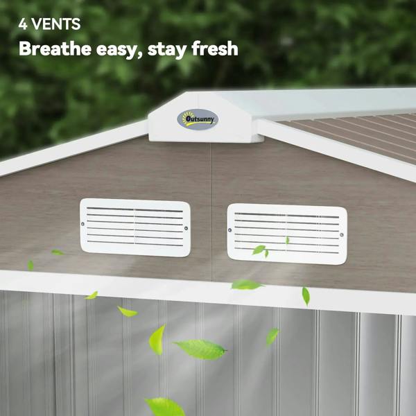 Metal storage shed gable vents under the roof ridge for airflow