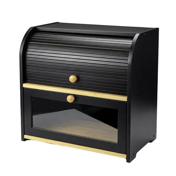 Toque Bread Box  2-Tier Large Capacity Roll Top  Black Bamboo  Acrylic Door