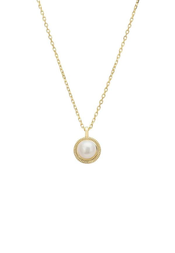 Gold necklace with a pearl pendant on a white background