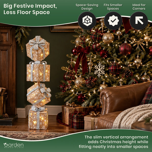 Vertical Light Up Christmas Natural Sisal Parcels with Silver Bows, Set of 4 on Metal Rod with 35 White LED Lights, Battery Powered, 86cm Tall