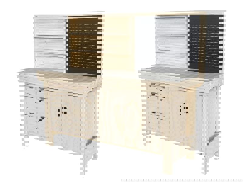 Acorn Heavy-Duty Cupboard Workbench (V.2) – Sturdy Wooden Workbench with Two-Door Cupboard, Multiple Large Drawers, and Optional Back Panel or Pegboard, Ideal for Garages, Workshops, and Sheds