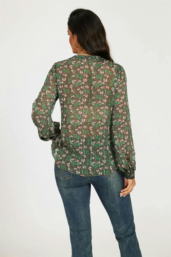 FS Collection Silver Thread Print Long Sleeve Sheer Blouse In Brown