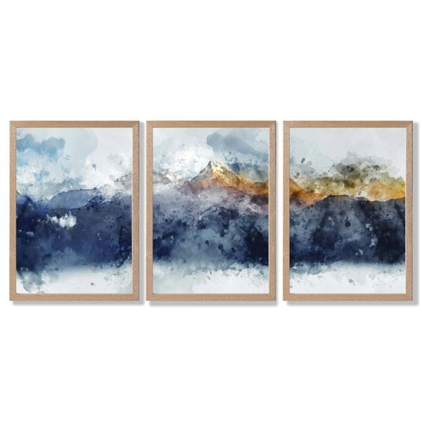 Artze Wall Art Framed Set of 3 Blue Yellow Mountain Art Prints