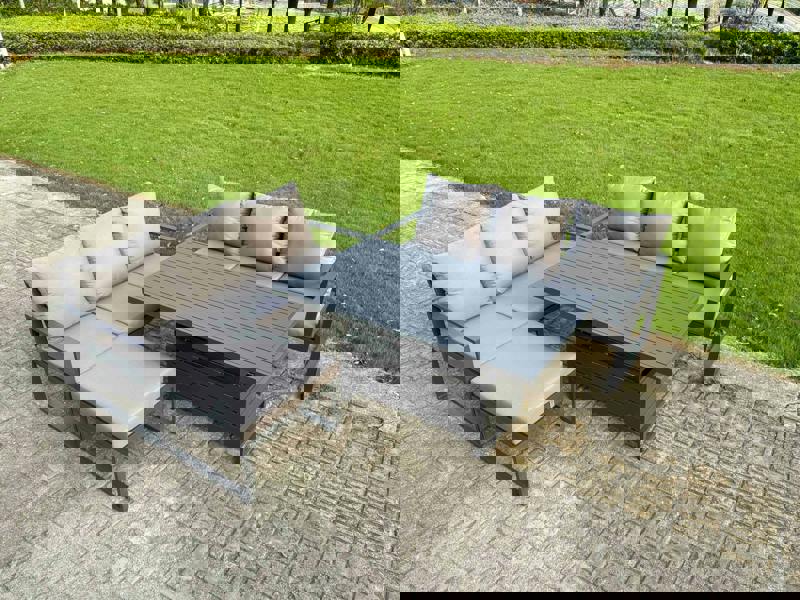 Fimous 7 Seater Aluminium Garden Furniture Set with Adjustable Rising Dining Table, 2 Sofas and Footstool - Dark Grey