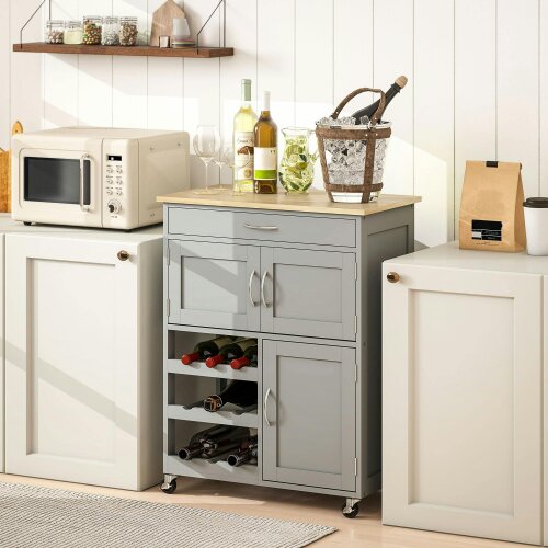 Wyld Haus Lehari Grey Wooden Rolling Kitchen Island With Drawer Wine Rack Door Cabinets And Natural Wood Top
