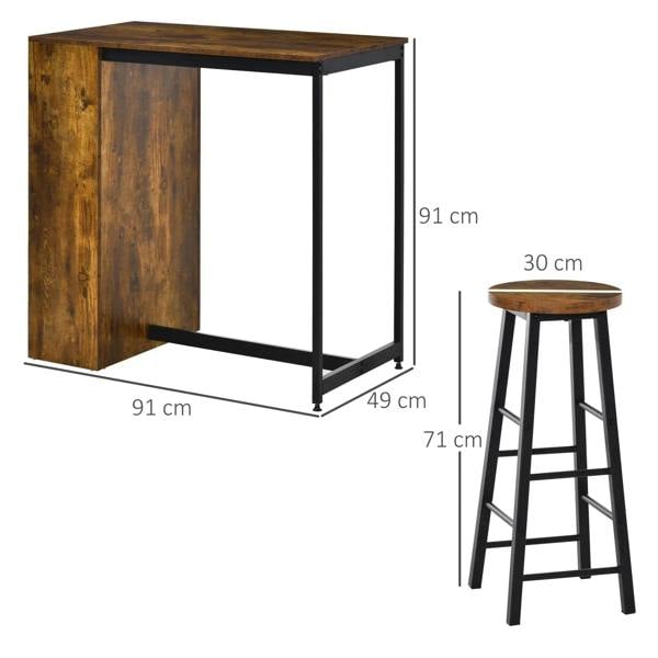 Rustic brown bar table with side storage and matching round-top black bar stool