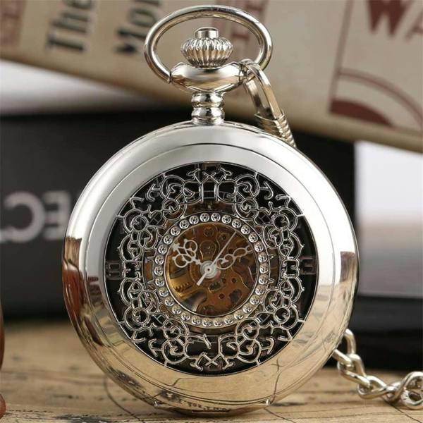 Infinity Leather Antique Brass Alloy Skeleton Half Hunter Pocket Watch