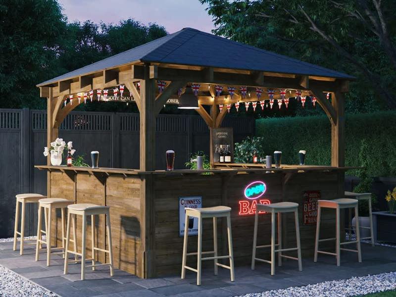 Dunster House Garden Bar 3 x 3m Roof Shingles, Wooden Outdoor Pub Shed Gazebo Kiosk Counter Barzebo Leviathan C
