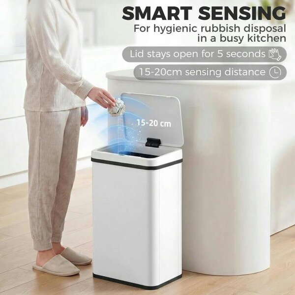 40L Sensor Bin with Soft-Close Lid, Stainless Steel Automatic Touchless Motion Sensor Kitchen Bin, White