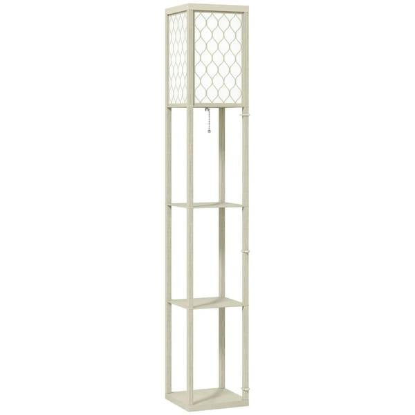 Oak standing lamp with three open shelves and white lattice panels on the sides